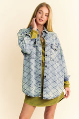 Curved Hem Diamond Quilted Button Up Denim Shacket Davi & Dani Light Blue S