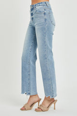 High Rise Raw Hem Straight Jeans Risen   