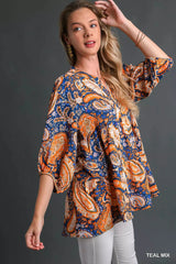 Mix Paisley High Low Boho Tunic Blouse Umgee
