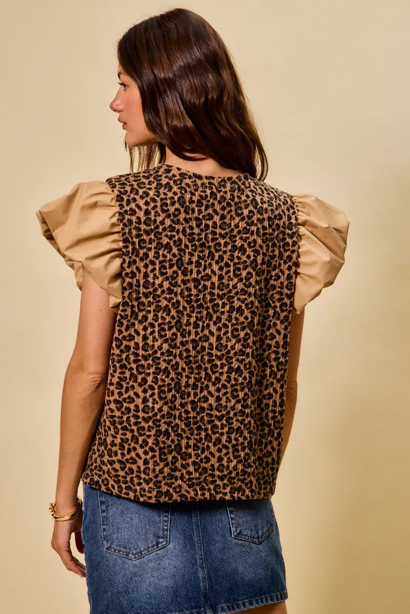 SO ME Leopard Pointelle Knit Top with Puff Sleeves Trendsi