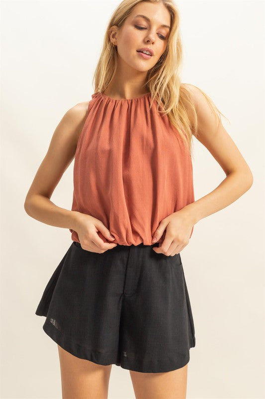 Bubble Hem Round Neck Sleeveless Blouse HYFVE Orange-Red S