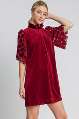 Dotted Lace Half Sleeve Mock Neck Back Tie Velvet Dress Umgee