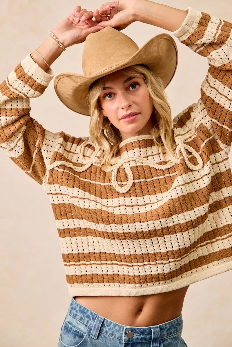 Striped Open Knit Sweater Top with Front Braided Detail BiBi