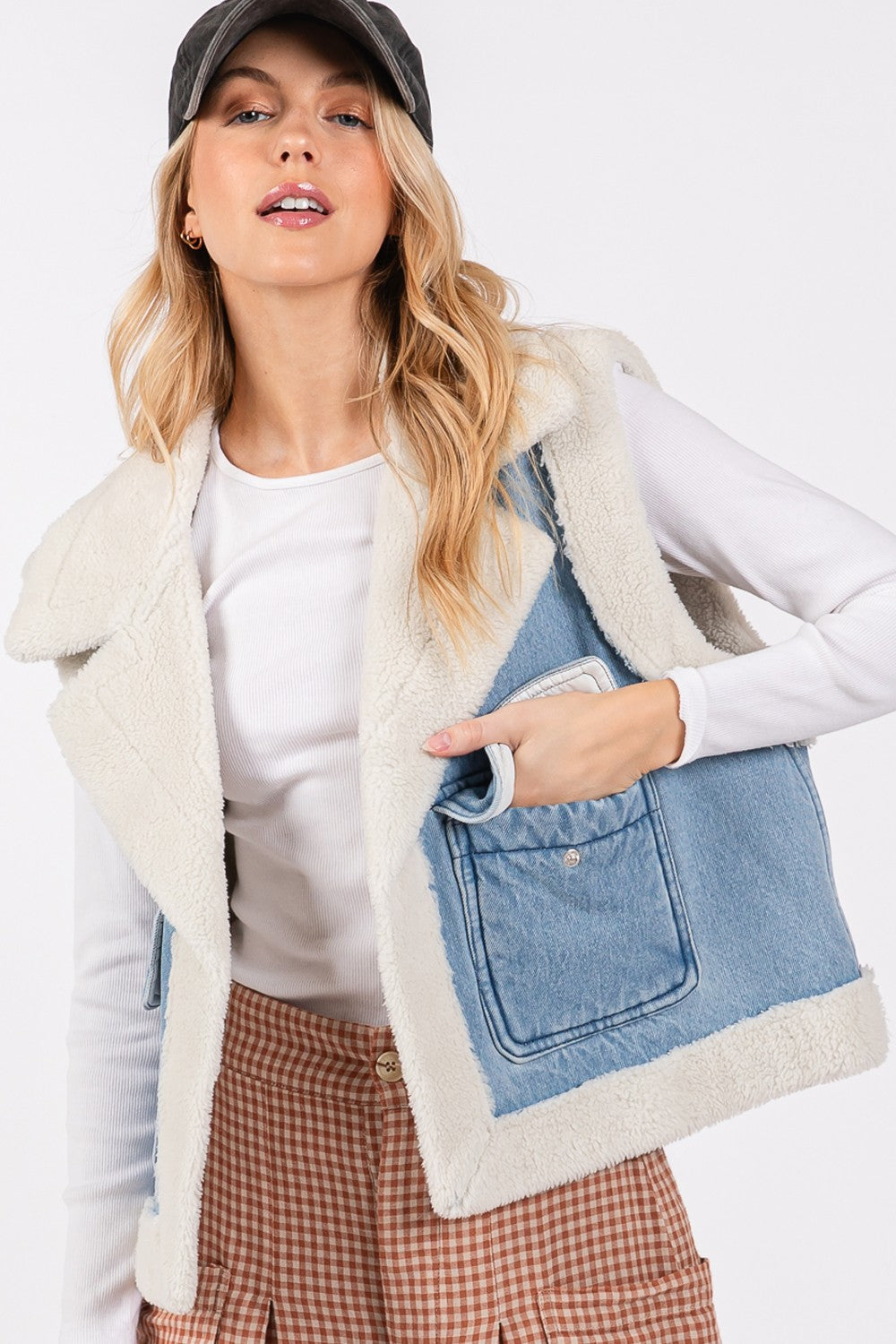 Pocketed Collared Neck Sherpa Vest Sage + Fig   