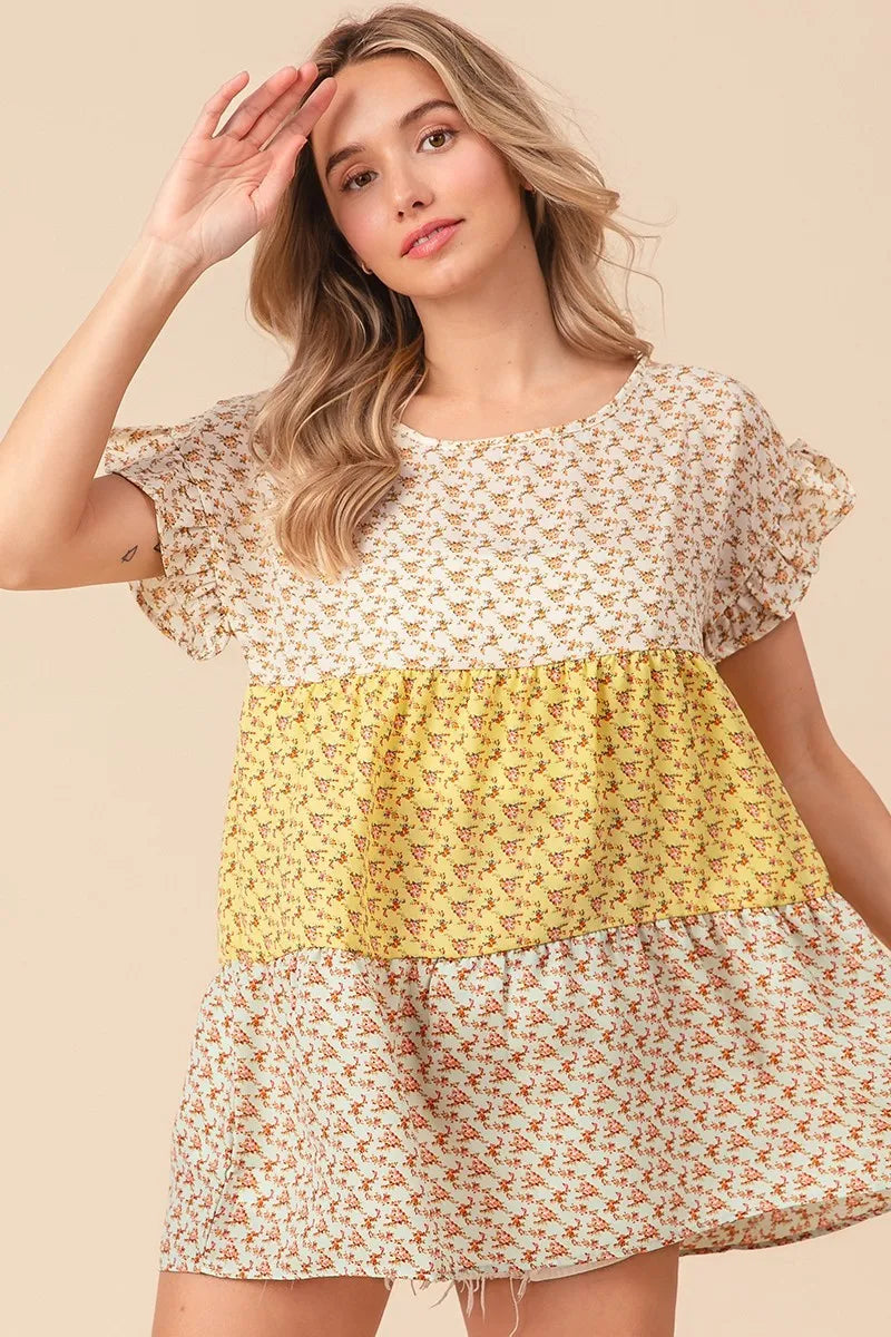 Floral Printed Woven Color Block and Tiered Top BiBi