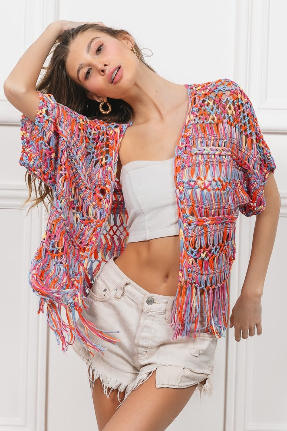 Open Front Fringed Crop Knit Cardigan BiBi   