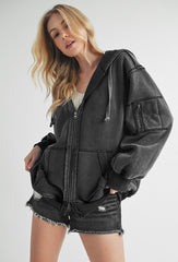 Exposed Seam Zip Up Drawstring Hooded Jacket Aemi + Co   