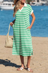 Stripe Collared V Neck Short Sleeve T Shirt Midi Dress with Pockets Simmer & Fay
