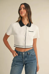 Button Down Contrast Collared Knit Cardigan Mable Cream S