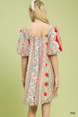 Mixed Print Puff Sleeve Mini Dress Umgee