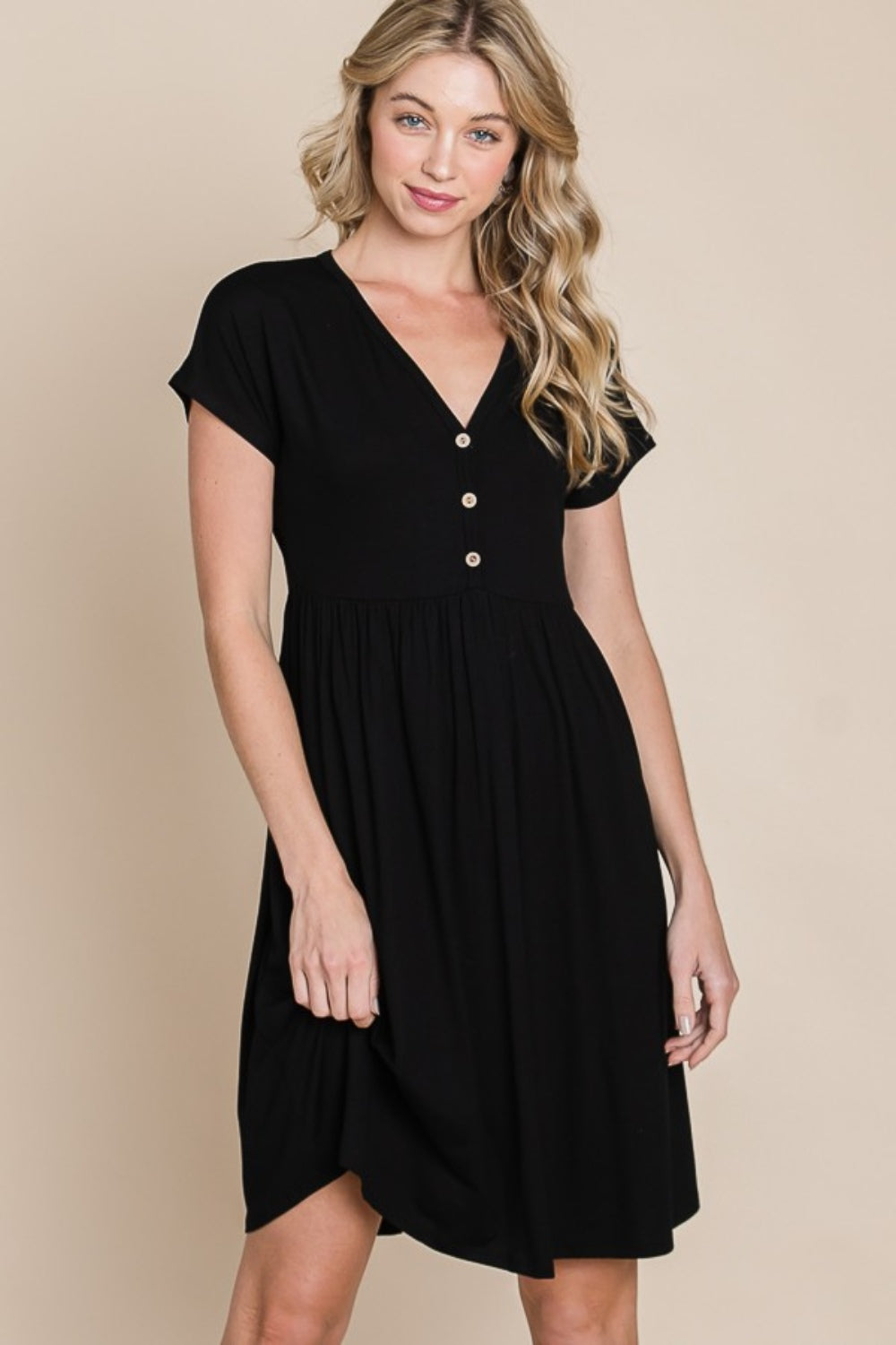 Button V-Neck Short Sleeve Dress BomBom   