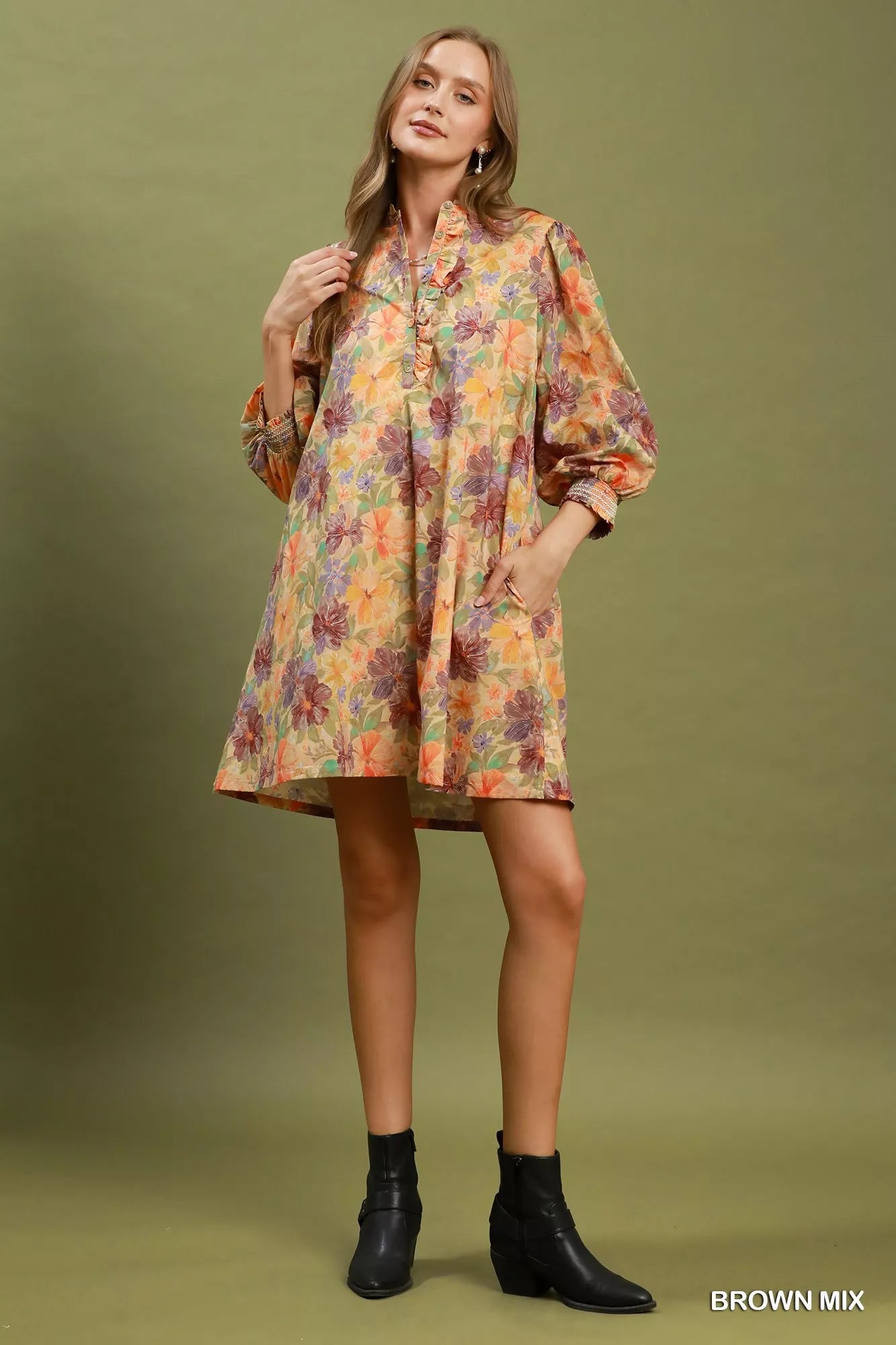 Mix Floral Print Smocked Cuff Mini Dress Umgee