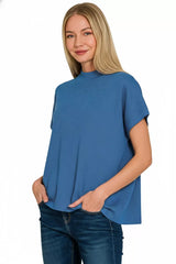 Zenana Viscose Mock Neck Short Sleeve Boxy Sweater Trendsi