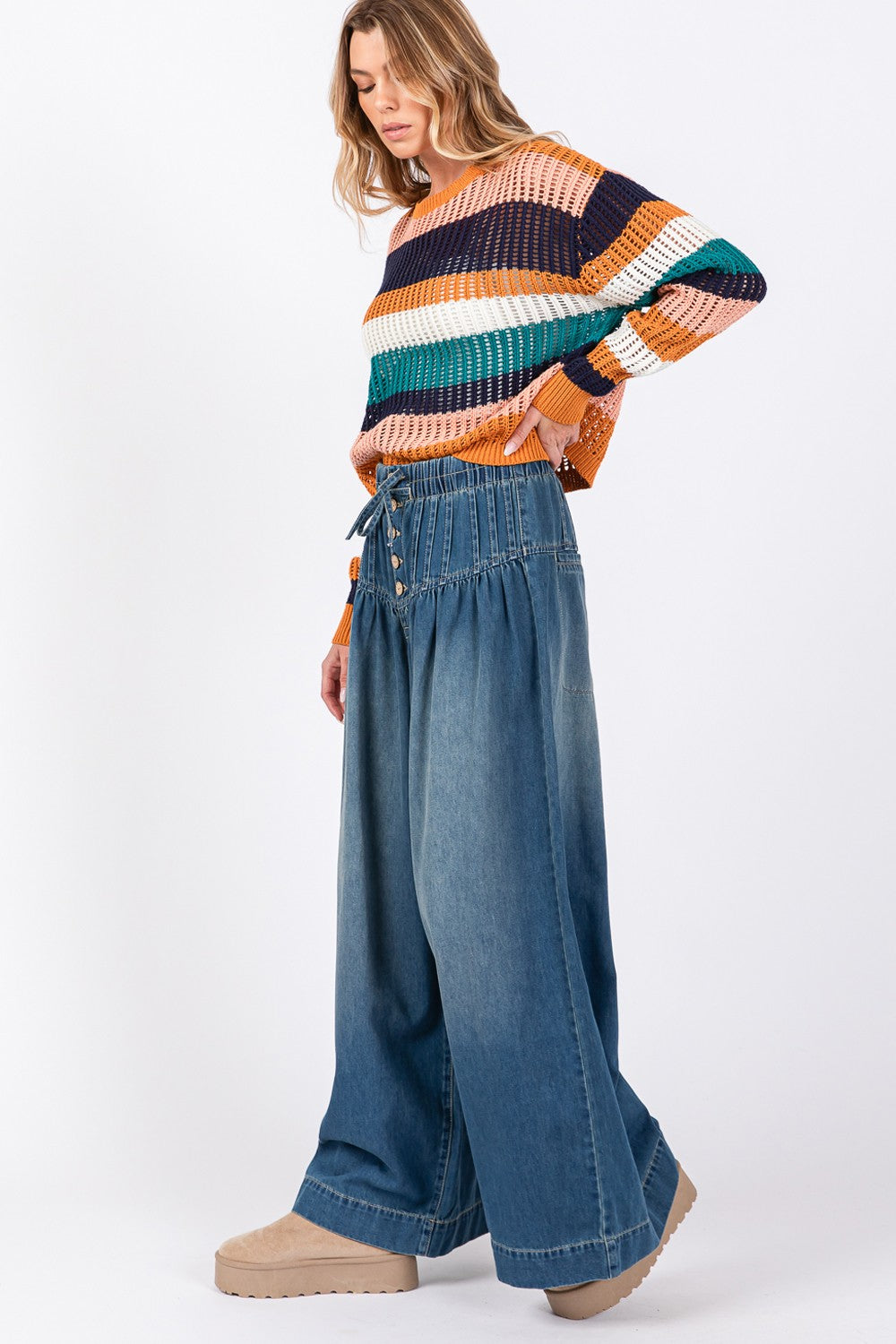 Smocked Waist Band Wide Leg Jeans Sage + Fig   