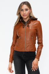 Faux Leather Zip Up Drawstring Hooded Jacket Snobbish