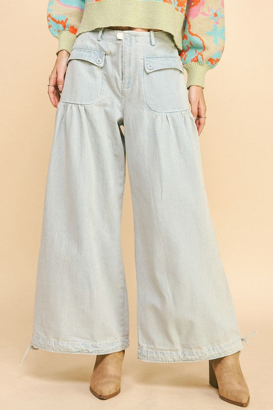 Drawstring Hem Wide Leg Mid Rise Jeans Davi & Dani Light S