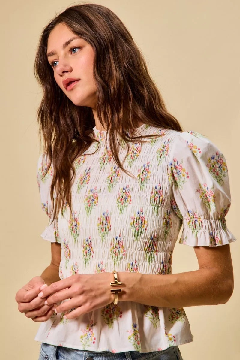 Floral Cotton Smocked Short Sleeves Blouse So Me