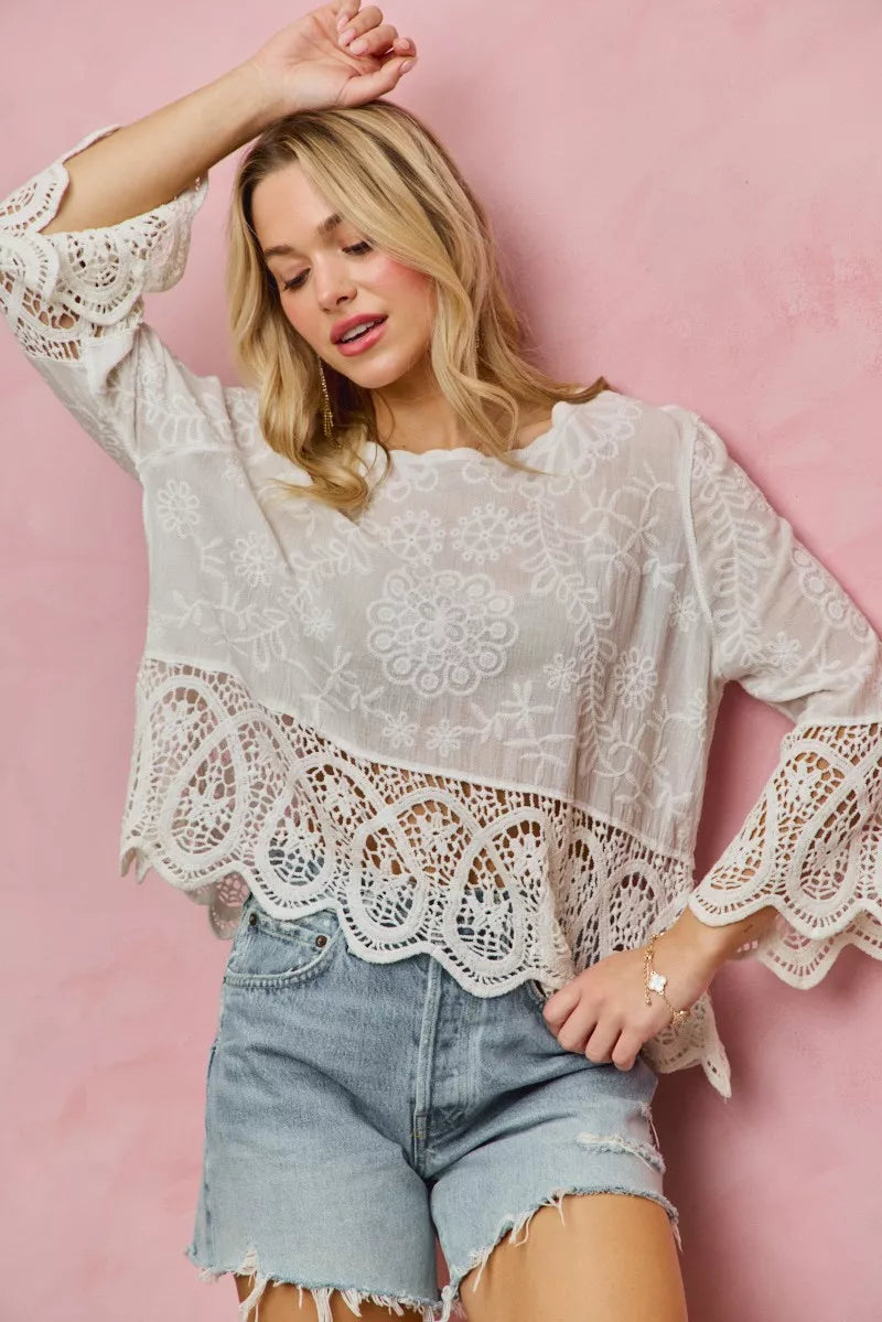 Floral Embroidered Crochet Lace Trimmed Top So Me