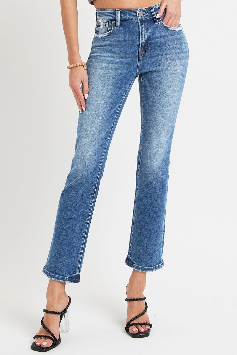 Mid Rise Ankle Straight Jeans with Pockets Risen   