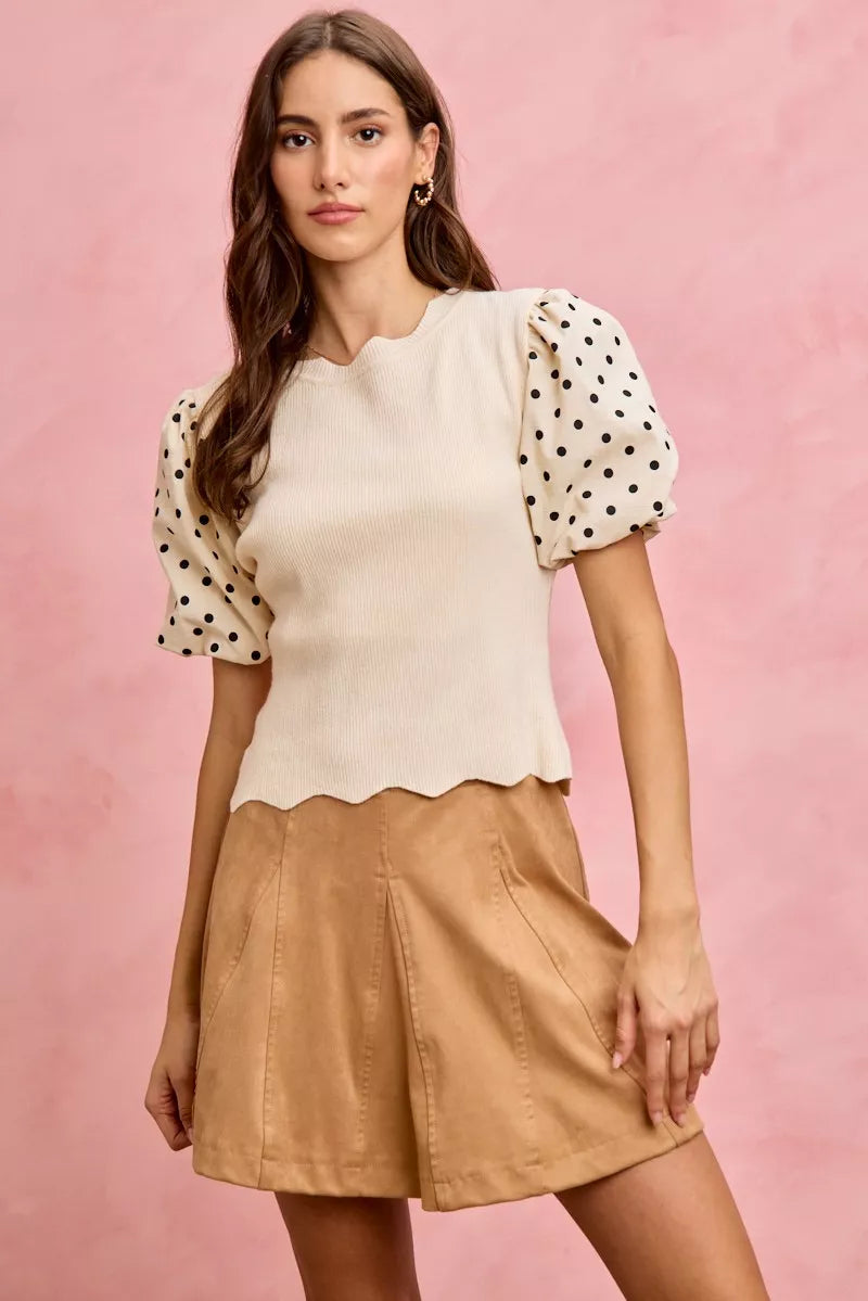 SO ME Polka Dot Contrast Woven Ballon Sleeve Blouse Trendsi