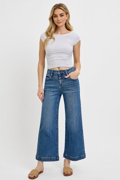 High Rise Crop Wide Leg Front Yoke Detail Jeans Risen