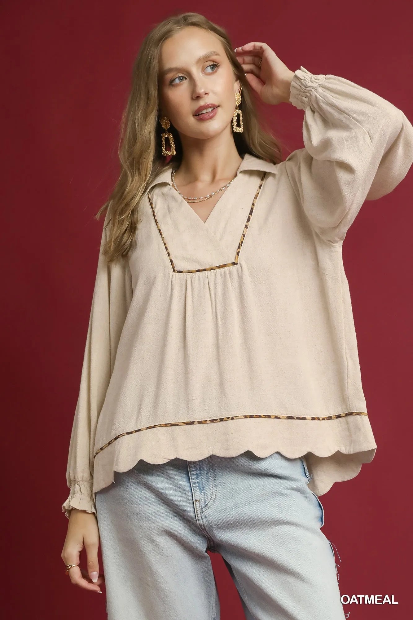 Linen Scallop Hem Blouse with Contrast Trim with Plus Size Umgee OATMEAL S