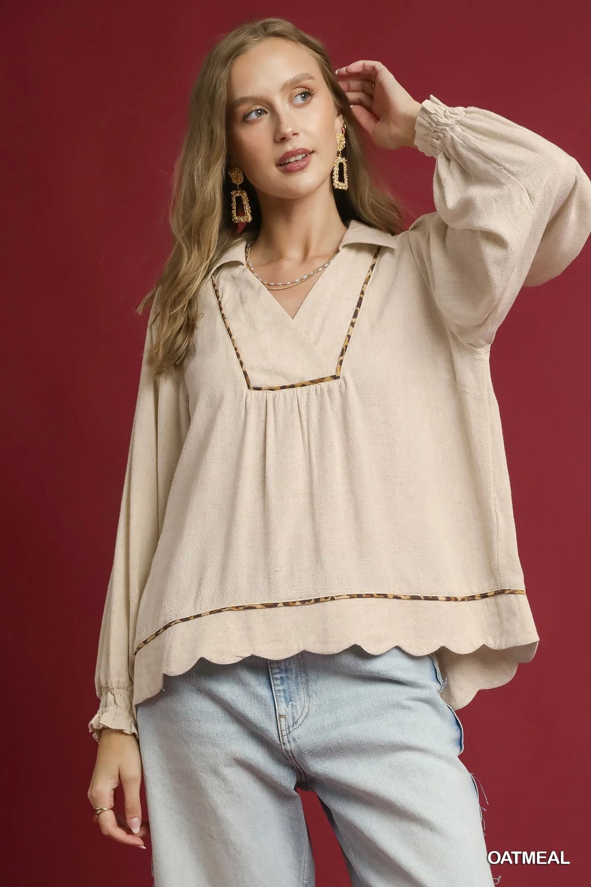 Linen Scallop Hem Blouse with Contrast Trim with Plus Size Umgee OATMEAL S