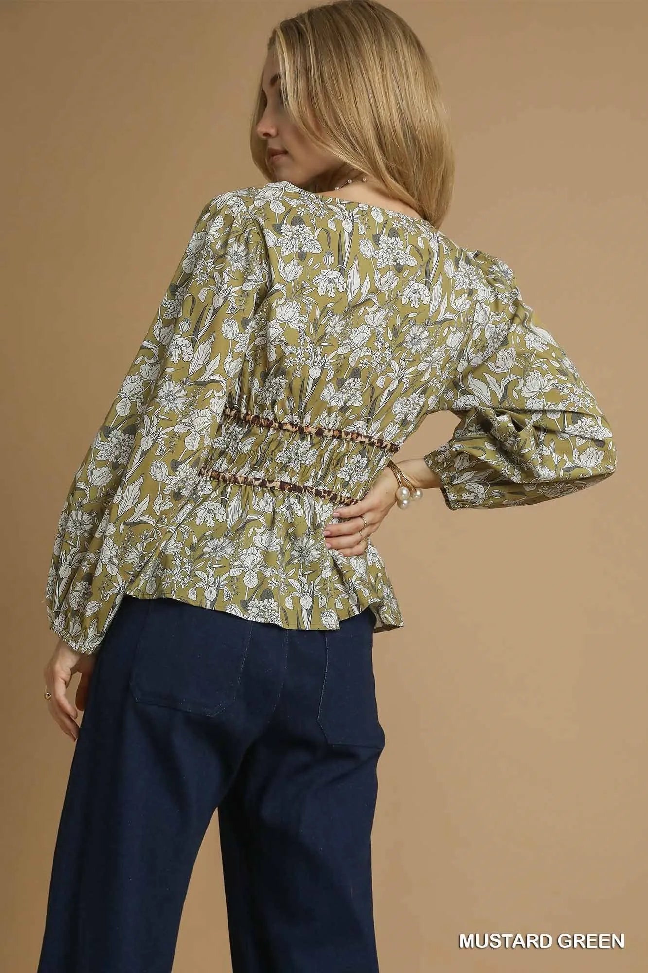 Floral Smocked Peplum Blouse with Tie Detail Umgee