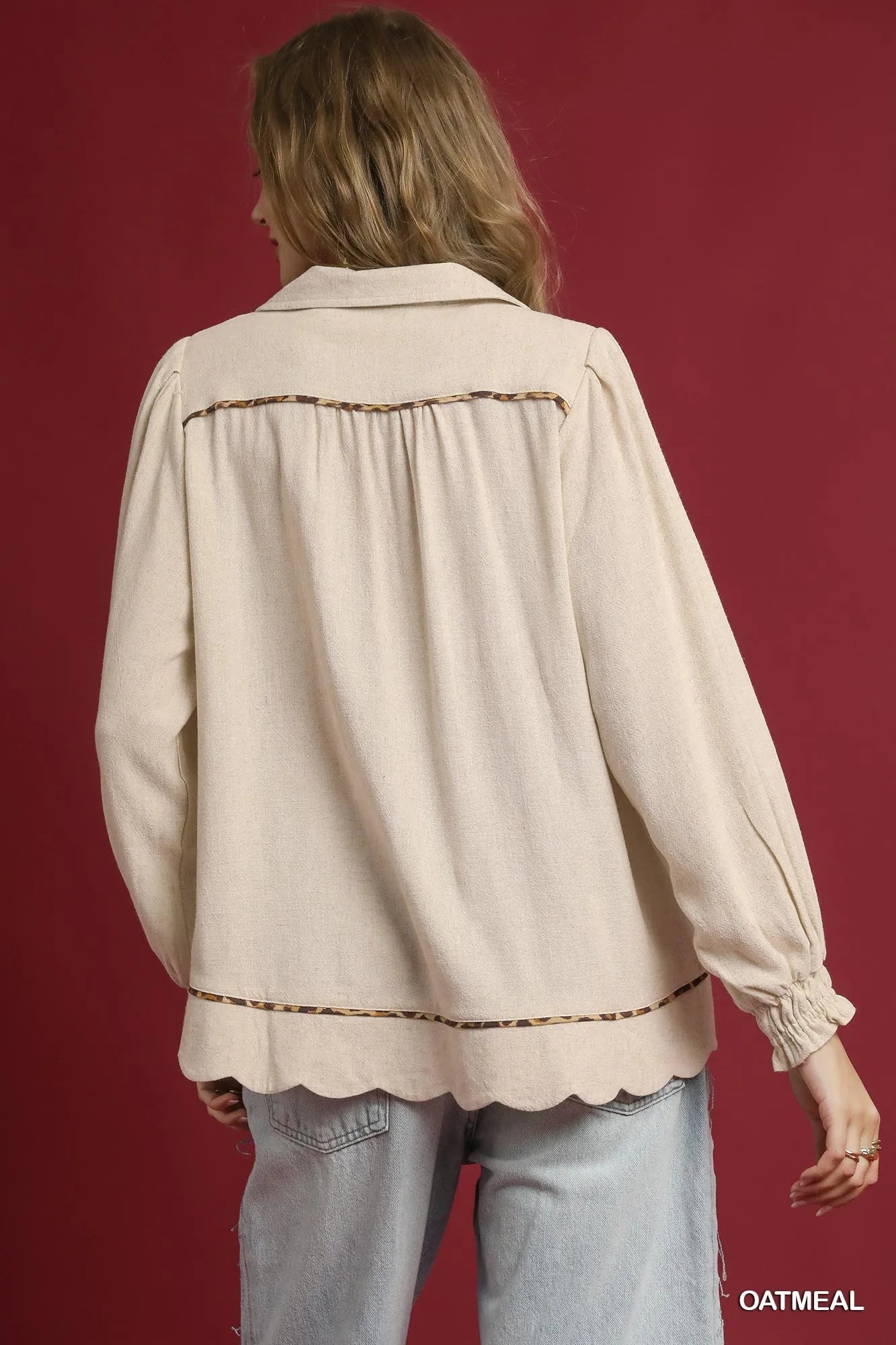 Linen Scallop Hem Blouse with Contrast Trim with Plus Size Umgee