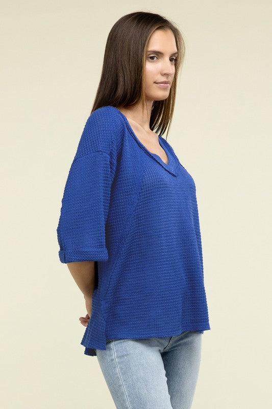 Brushed Waffle Relaxed 3/4 Sleeve Top ZENANA   