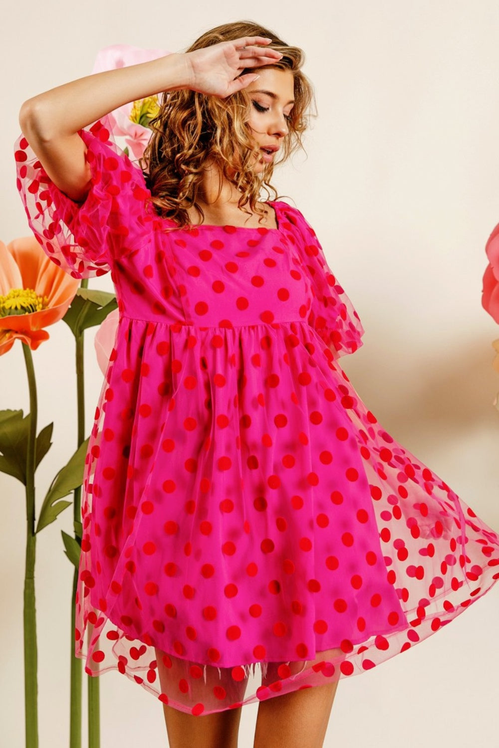 Polka Dot Mesh Puff Sleeve Dress BiBi Fuchsia S 