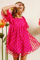 Polka Dot Mesh Puff Sleeve Dress BiBi Fuchsia S 