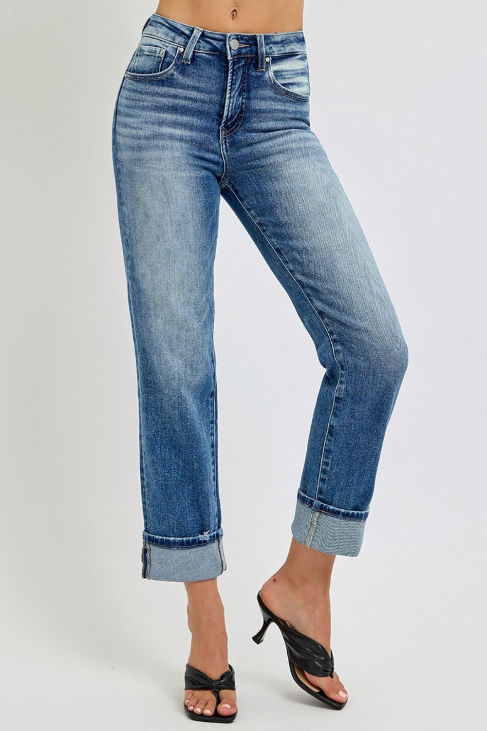 High Rise Crop Straight Roll Up Jeans Risen   