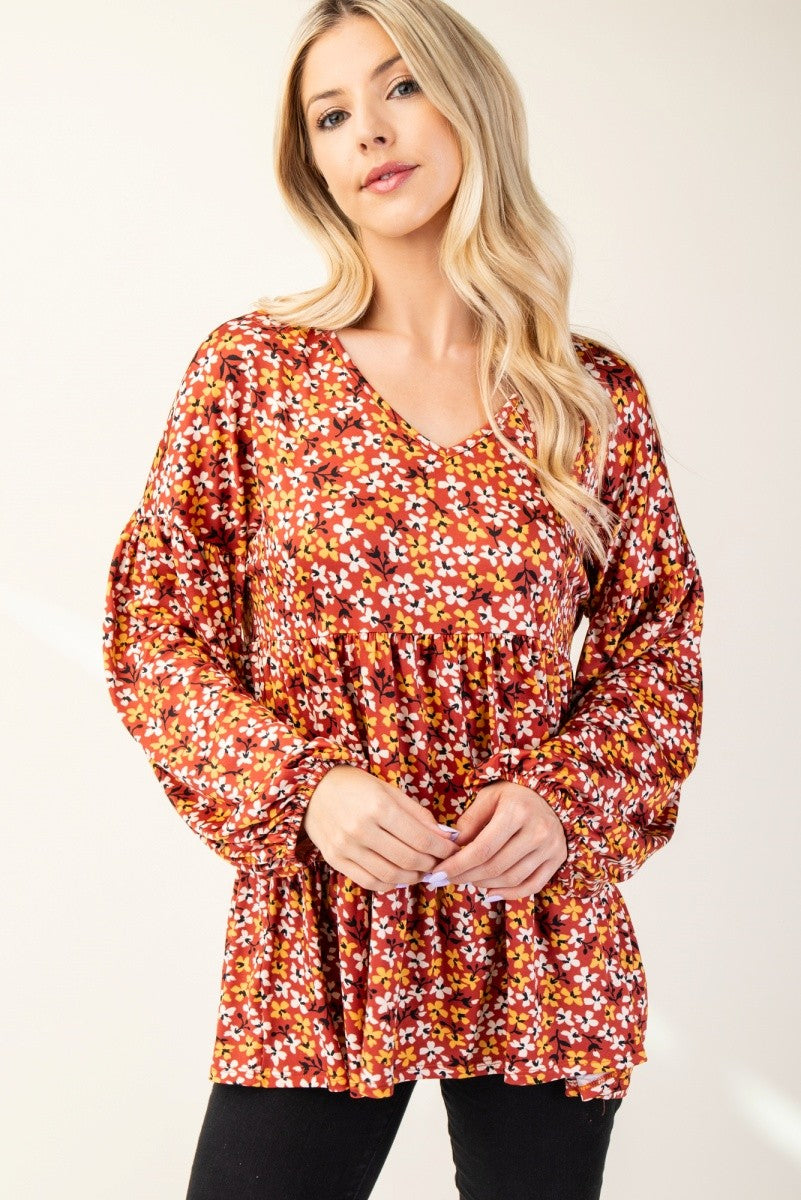 Floral V-Neck Balloon Sleeve Blouse Celeste   