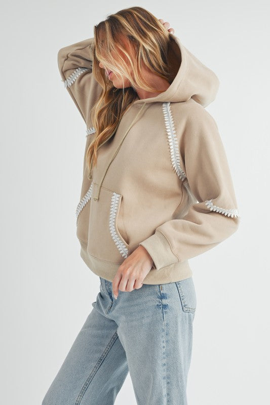 Lace Detail Drawstring Hoodie with Kangaroo Pocket Aemi + Co