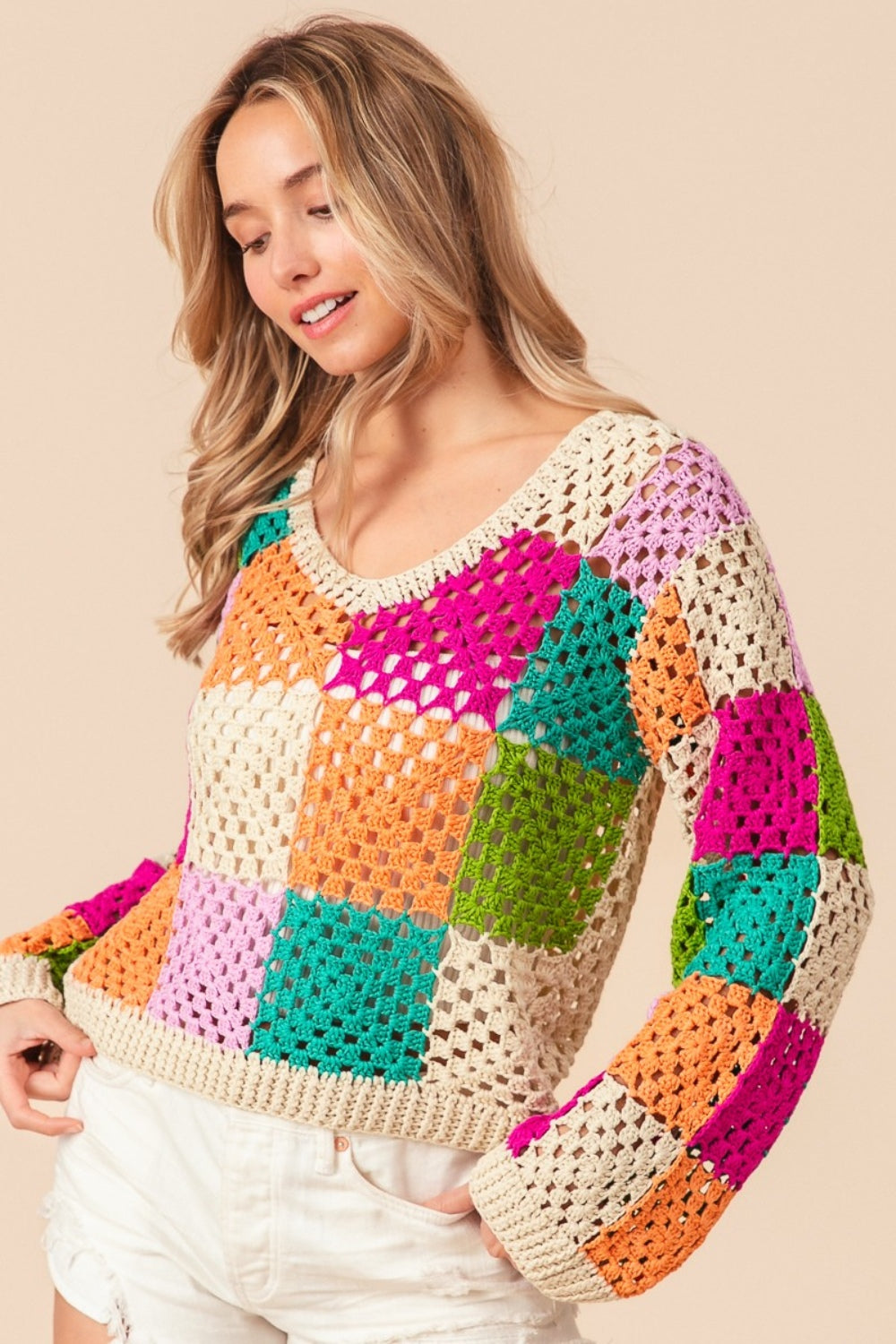 Multi Color Checkered Long Sleeve V-neck Knit Top BiBi   