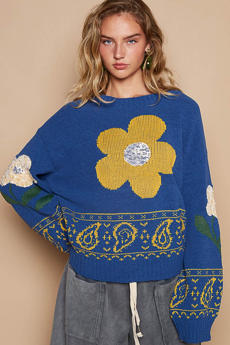 Flower Lace Patch Long Sleeve Sweater POL Blue S 