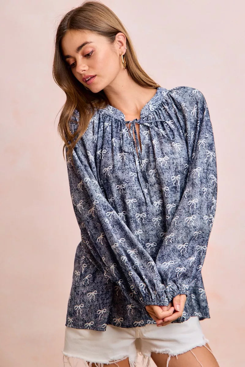 Ribbon Bow Print Exaggerated Balloon Sleeves Top BiBi