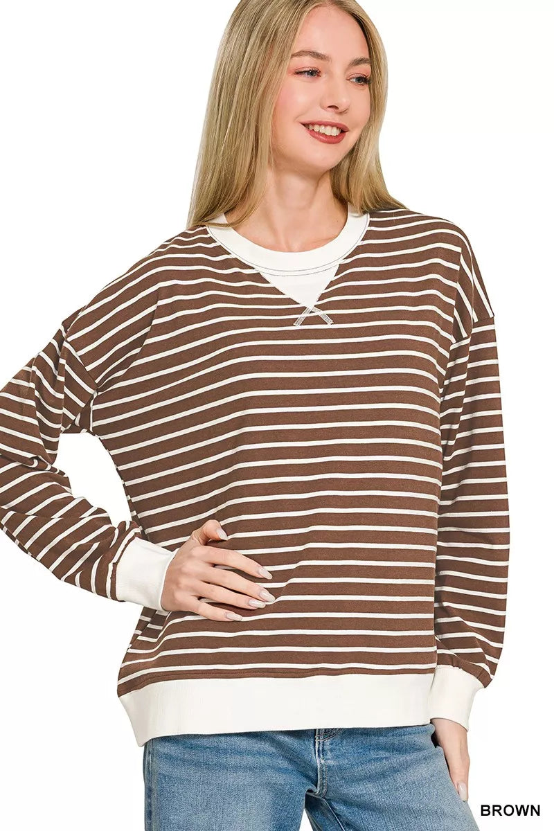 Contrast Striped Round Neck Sweatshirt ZENANA BROWN S