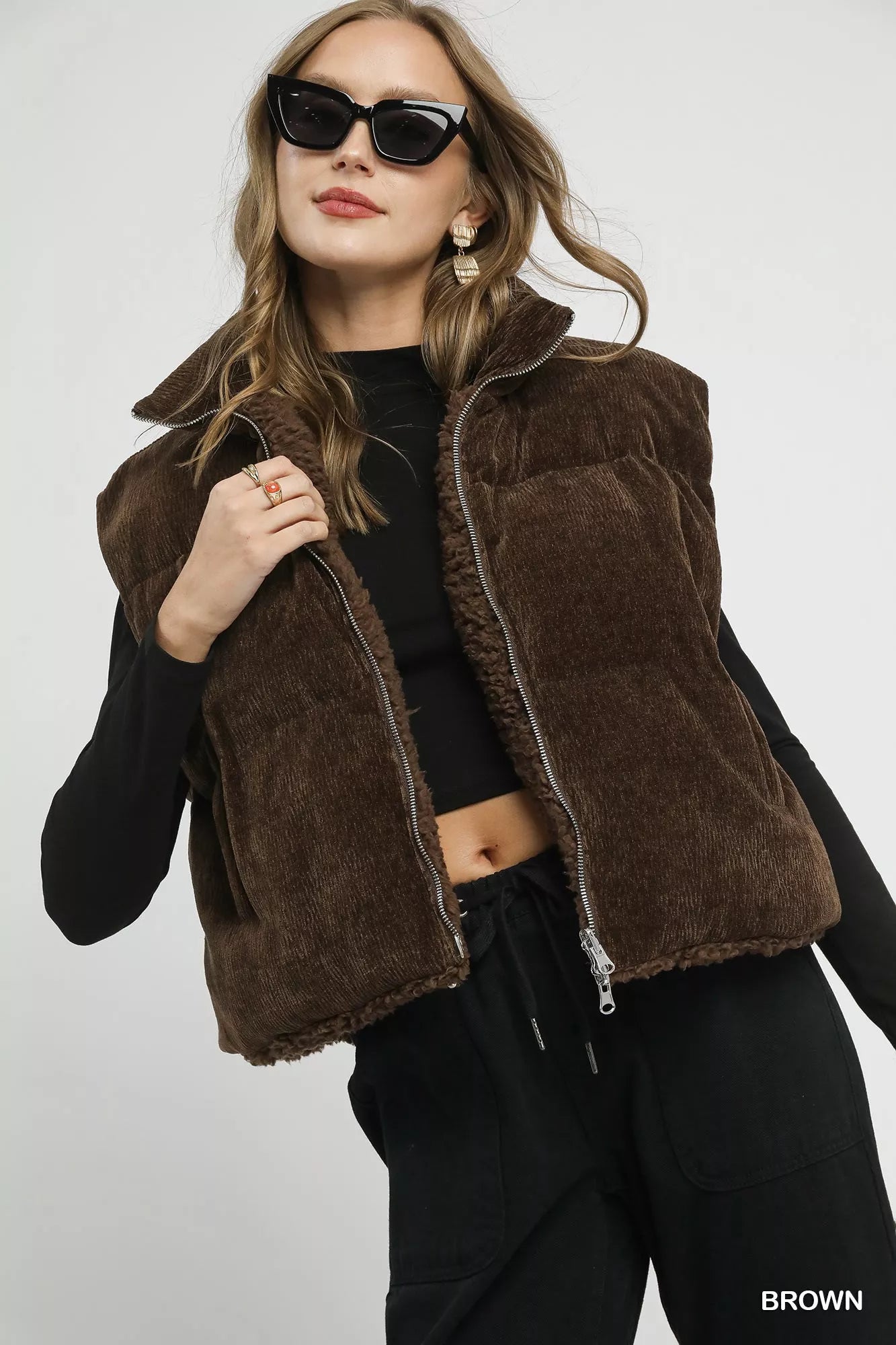Sherpa-Lined Zip Vest with Drawstring Hem Umgee