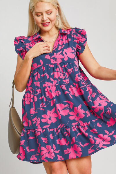 Floral Print Ruffle Cap Sleeve Tiered Dress Umgee