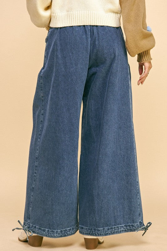 Drawstring Hem Wide Leg Mid Rise Jeans Davi & Dani