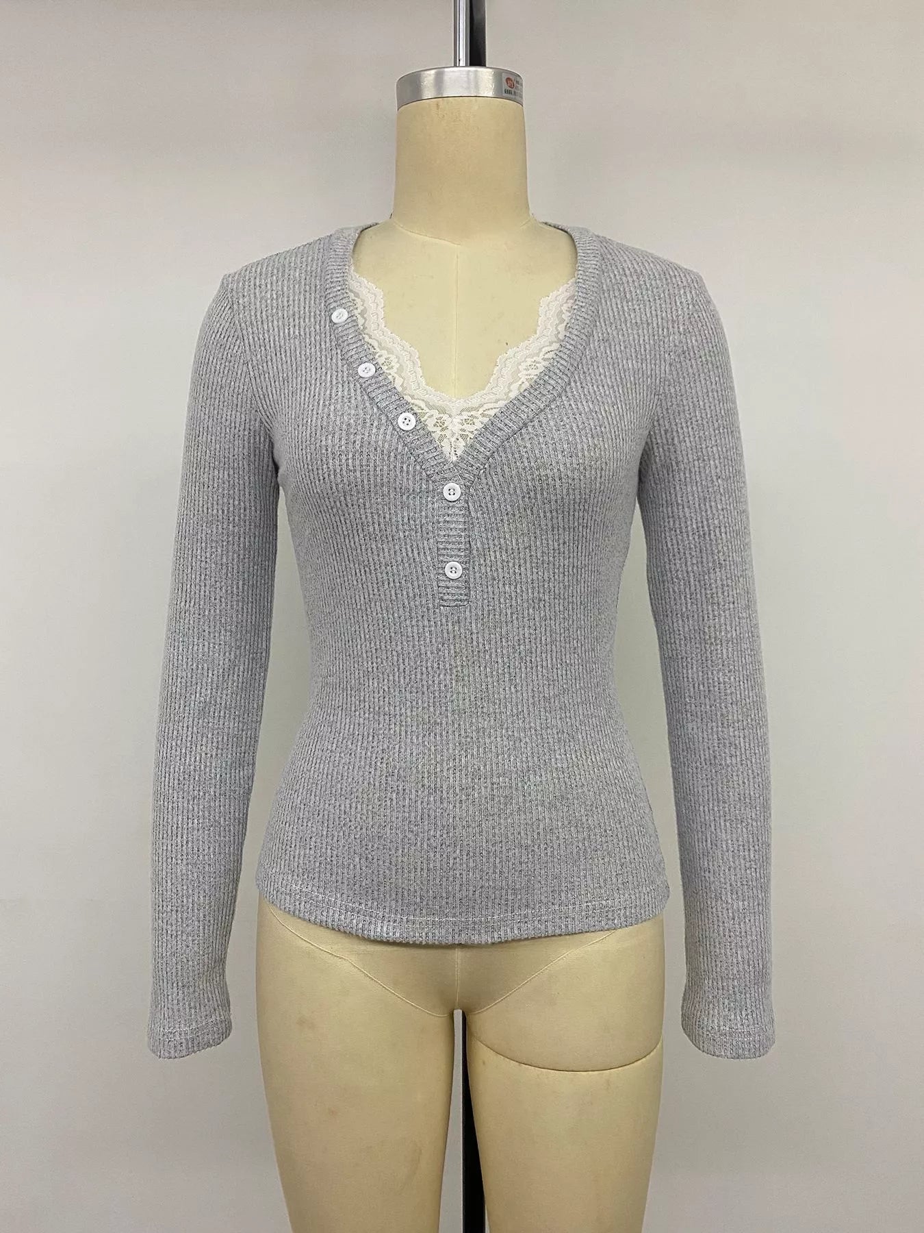Ribbed Lace Trim Henley T-Shirt Simmer & Fay