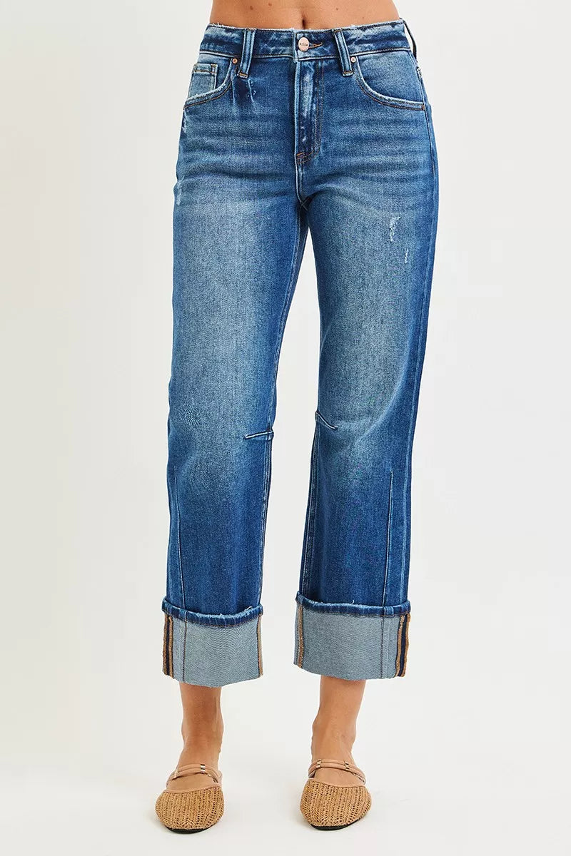 High Rise Straight Jeans with Distressed Hem Risen
