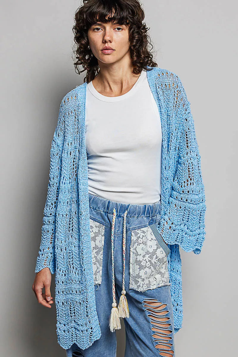 Openwork Lightweight Open Front Cardigan with Scalloped Edge POL SKY BLUE S
