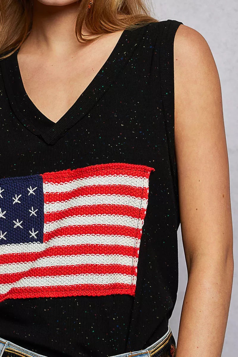 V-Neck Ribbed Tank with American Flag Patch and Star Back Patch POL