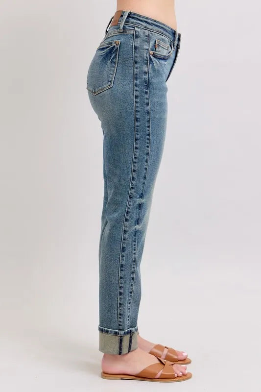 Mid Rise Vintage Wash Double Roll Cuff Boyfriend Jeans with Plus Size Judy Blue