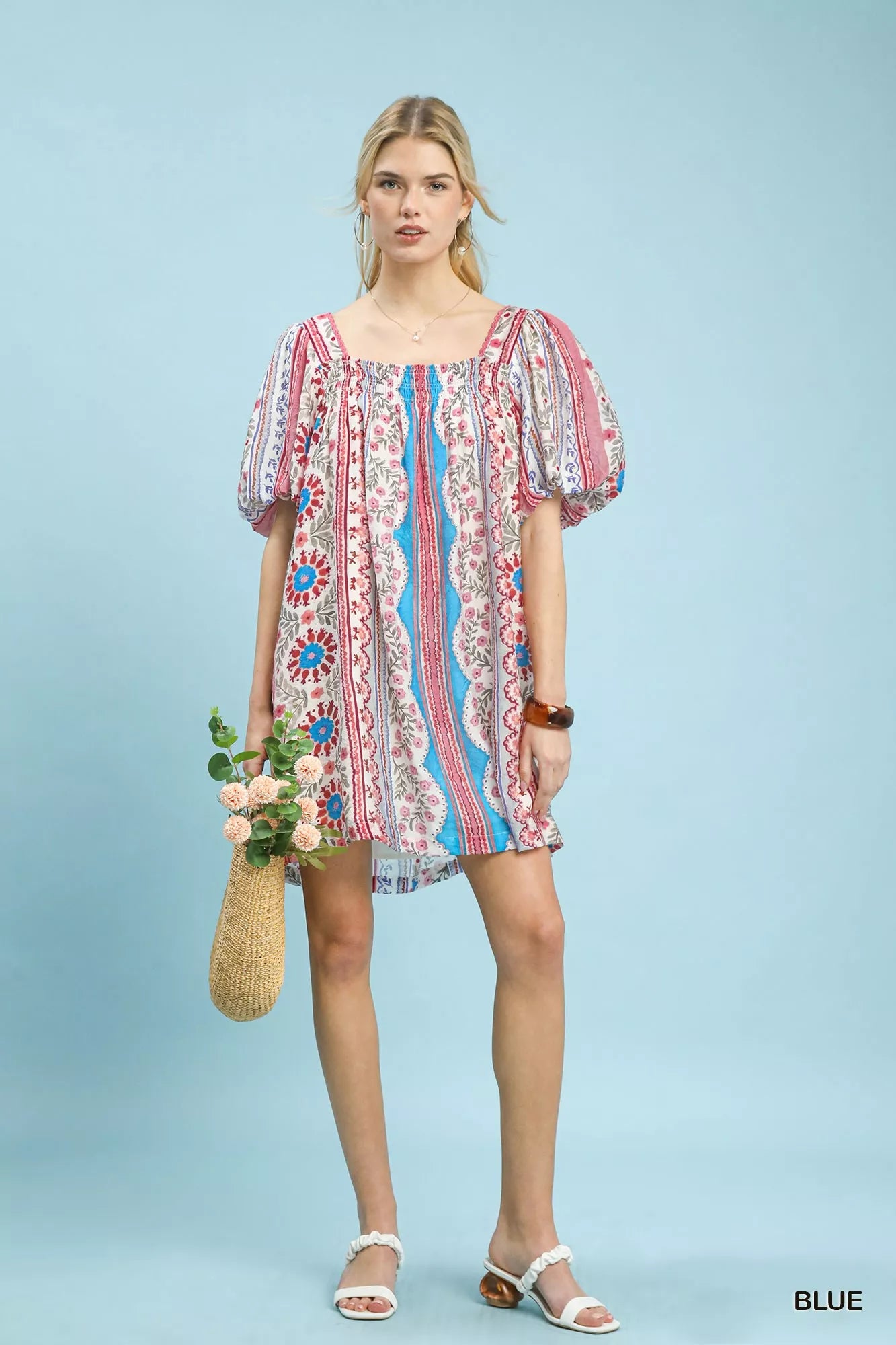 Mixed Print Puff Sleeve Mini Dress Umgee