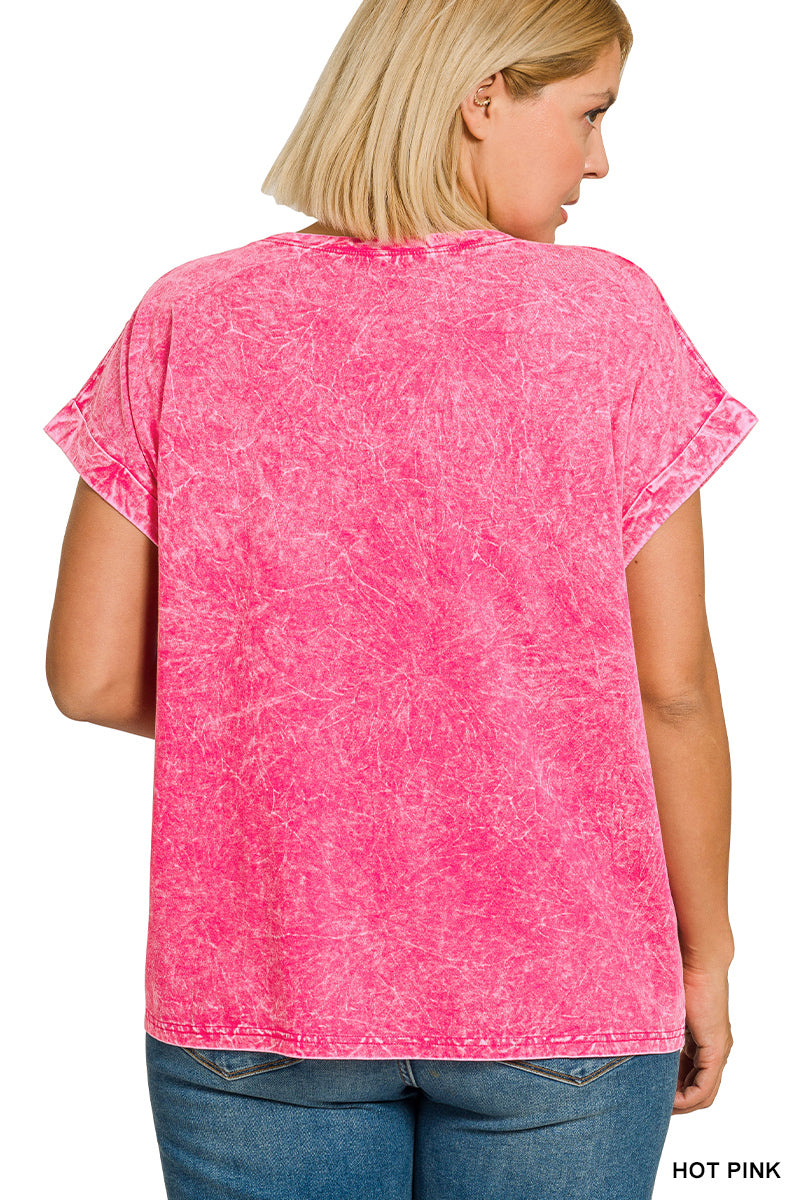 Full Size Crinkle Washed Round Neck Folded Short Sleeve Tee Plus Size ZENANA