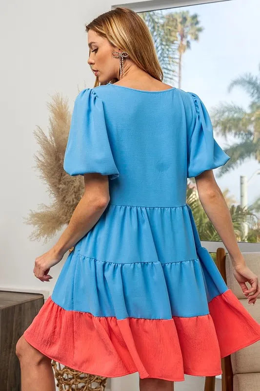 Two-Tone Balloon Sleeves U Neck Tiered Ruffle Hem Mini Dress BiBi